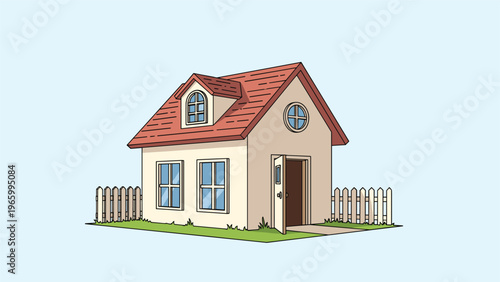 Charming illustration of a small, cozy house with an open front door and a white picket fence, symbolizing home, comfort, and welcoming domesticity.