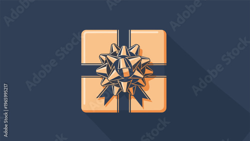 Minimalist overhead illustration of a rectangular gift box tied with a prominent, elaborate bow, set against a dark background with long shadow.