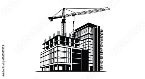 A striking black and white illustration depicts a construction site with a tall crane and a developing building silhouette high quality professional detailed