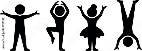 Four playful yoga and stretching poses illustrated in simple stick figure style