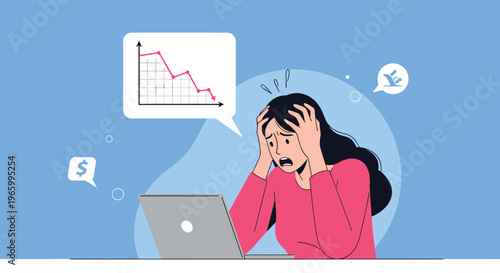Desperate woman looks at her laptop with a falling business graph and financial loss symbols in speech bubbles.