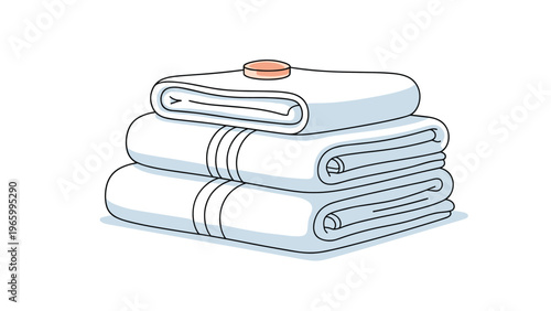Neatly stacked pile of three clean white folded towels, topped with a small round object, symbolizing comfort, freshness, and hotel quality.