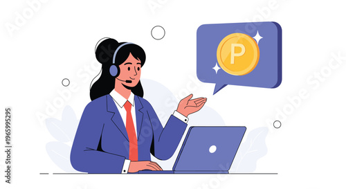 Female customer support agent wearing a headset points to a golden reward point coin icon on a virtual screen.