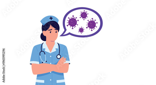 Concerned nurse in a blue uniform looks worried while thinking about a virus or infection shown in a speech bubble.