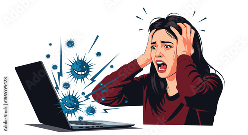 Terrified woman screams at her laptop computer as stylized virus icons and lightning bolts emerge from the screen.
