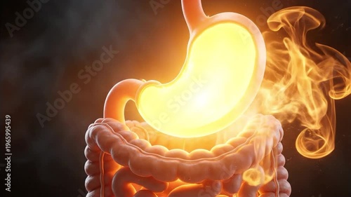 Human stomach and intestine 3d rendering depicting acid reflux, suitable for medical presentations, health articles, pharmaceutical ads, and science education.