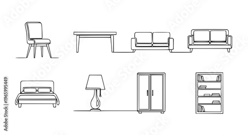 Continuous line drawing furniture icon set chair sofa bed table home interior vector illustration