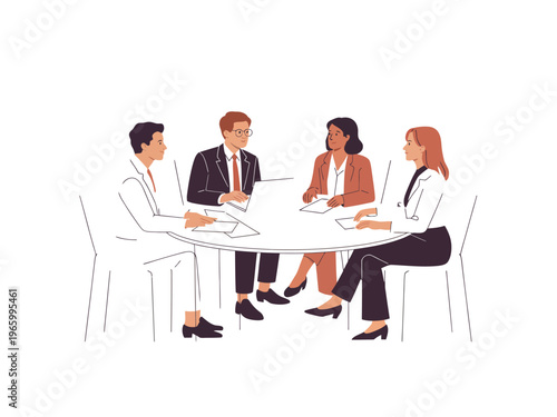 Four professionals sit around a light circular table discussing documents during a.