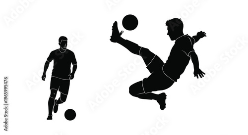 A dynamic scene depicts a soccer player kicking a ball with a teammate observing presented as a striking silhouette high quality