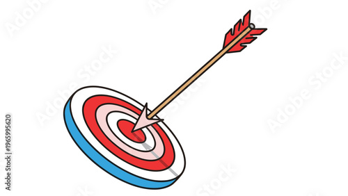 Arrow strikes the bullseye of a red and blue target from an angled perspective, symbolizing precision, goal achievement, and successful hitting.