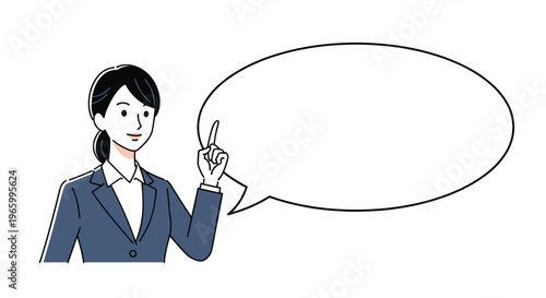 Businesswoman in professional dark blue suit points upward while standing next to a large empty white speech bubble.