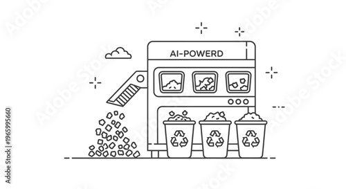 AI-powered waste sorting machine vector, smart recycling system with automated bins, sustainable technology for waste management and ecology