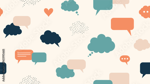 Vibrant seamless pattern featuring a playful assortment of colorful speech bubbles, thought clouds, and scattered hearts, symbolizing communication and love.