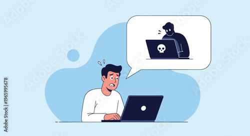 Worried young man using his laptop at a desk while thinking about an anonymous hacker and digital security threats.