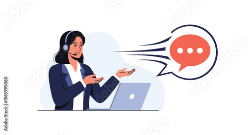 Female customer service representative with headset talks to clients while using a laptop beside a chat bubble icon.