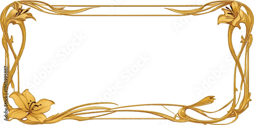 An elegant golden frame with a floral ornament features flowing orange wave patterns and decorative gold vector curves on a yellow wallpaper backdrop for a business art concept illustration