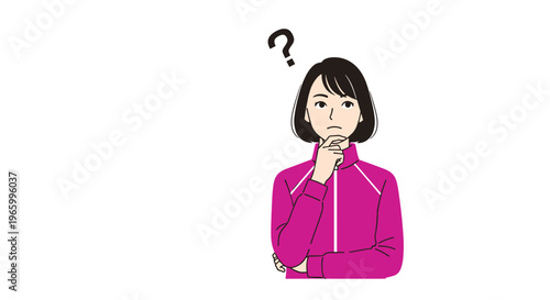Young woman in a pink tracksuit looks confused and thoughtful while standing below a floating question mark symbol.