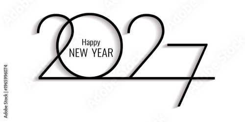 2027 Happy New Year minimal line typography design with modern black outline numerals, logo text in clean white background in contemporary editorial style for corporate greeting card, marketing 