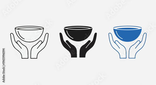 Graphic illustrations of hands holding bowls in black, white, and blue on a plain background.