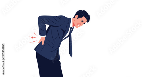 Businessman in a formal suit bends forward while clutching his lower back in intense physical pain and discomfort.
