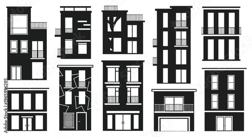 A collection of diverse minimalist house shapes rendered in a stark black and white design creating a striking silhouette high quality