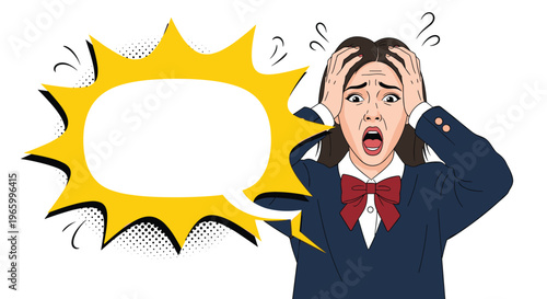 Terrified schoolgirl in uniform screams with her hands on her head next to a large yellow jagged speech bubble.