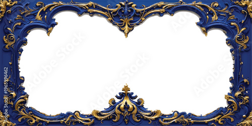 Elegant vintage vector design featuring an ornate gold scroll frame border with golden baroque ornaments and blue floral flower patterns for a decorative invitation card illustration