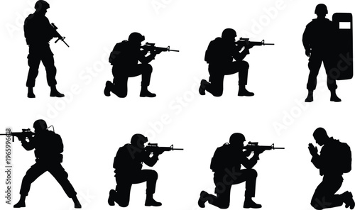 Military silhouettes, armed soldiers, tactical poses, combat readiness, battlefield illustration, army figures, defense concept, warfare training, security forces, weapon stances