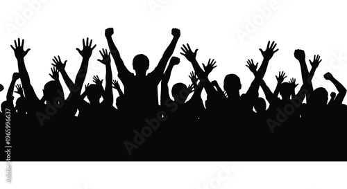 A large crowd raises their hands in celebration depicted as a striking black silhouette high quality professional detailed modern elegant stylish