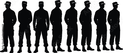 Military silhouettes illustration, soldiers in uniform, disciplined formation, army drill concept, defense representation, patriotic strength, armed forces, teamwork, security