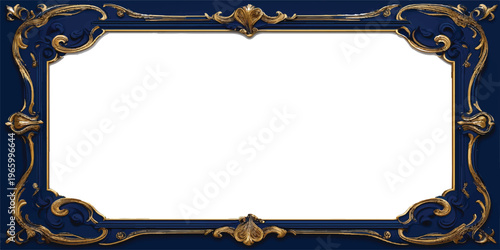 An ornate antique golden picture frame with a blank baroque design hangs as an empty vintage wood ornament on a retro deco wall