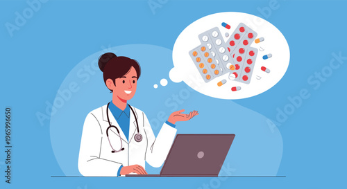 Female doctor at a laptop smiles while thinking about different colored blister packs of pills in a thought bubble.