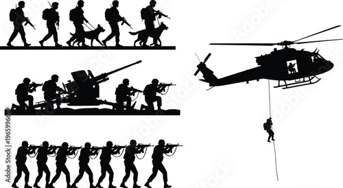 Military silhouettes illustration, soldiers marching formation, army patrol vector, helicopter rappelling operation, artillery gun team, combat training clipart design