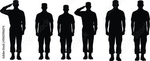 Military silhouettes saluting soldiers, disciplined uniformed personnel standing in row, ceremonial respect, teamwork, honor, patriotism, defense, armed forces illustration