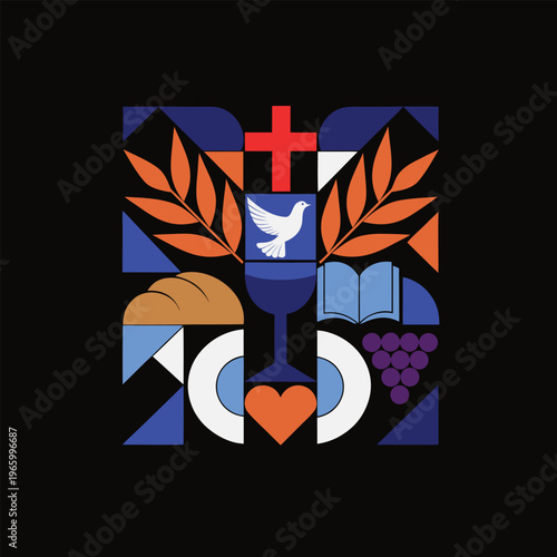 Christian religious symbols collage with dove cross bread and grapes illustration