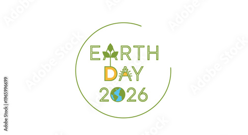 Earth Day 2026 typography logo, eco-friendly environmental conservation vector, green nature protection badge with globe and leaf icons