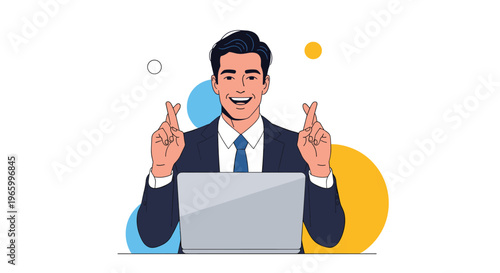 Happy businessman sitting at a laptop crosses his fingers on both hands for good luck and hope of success.