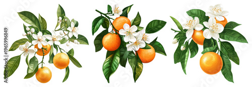 PNG Oranges with blossoms beautifully illustrated, transparent background