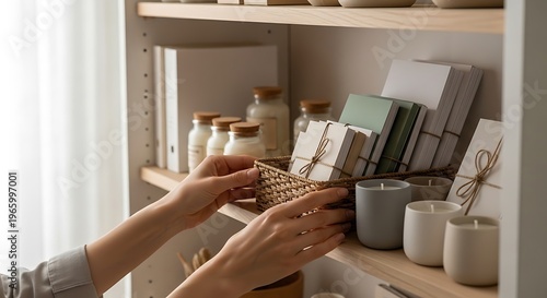 Hands organizing neatly arranged home decor items and candles on wooden shelves