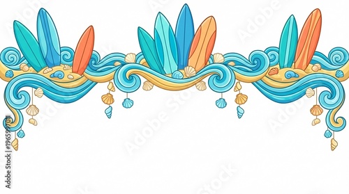 Summer Surfboard and Ocean Wave Decorative Border Illustration