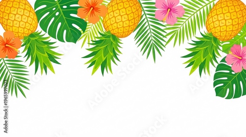 Tropical Border with Pineapples Hibiscus Flowers and Palm Leaves