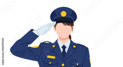 Female police officer in a formal blue uniform with a gold badge performs a very professional salute gesture.