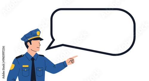 Policeman in blue uniform points his finger to the side with a large empty speech bubble for custom text on a white background.