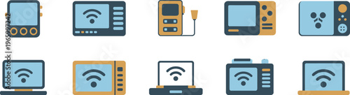 Electronic devices icons set with wireless connection signal for technology and communication design. Vector illustration