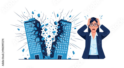 Distressed businesswoman in a suit holds her head in panic as two large office buildings crumble and explode in the background.