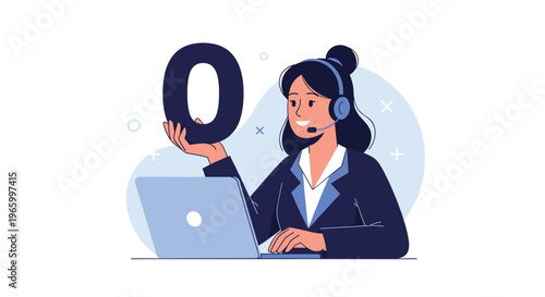 Professional female customer support agent with a headset holds up a large number zero while working on her laptop computer.