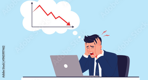 Worried businessman at a laptop holds his head in despair while thinking of a red arrow showing a downward financial trend.