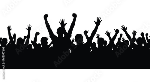 A large crowd of people with arms raised in celebration depicted as a striking black silhouette high quality professional detailed modern