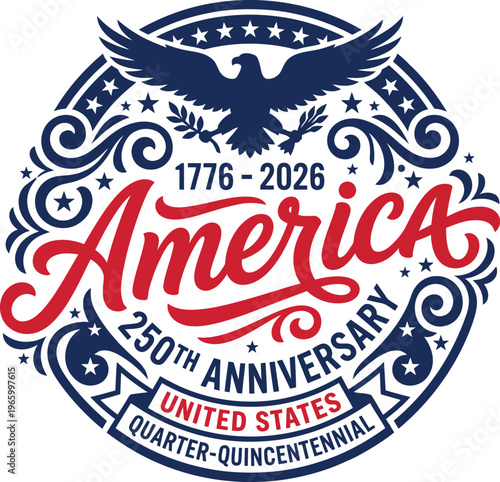 America 250th anniversary logo with eagle and stars on white background