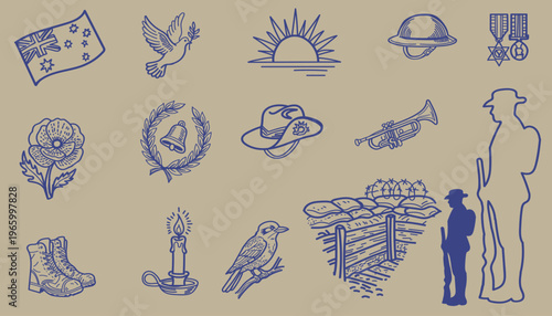 Remembrance Military Doodles Outline Sketch Vector Illustration